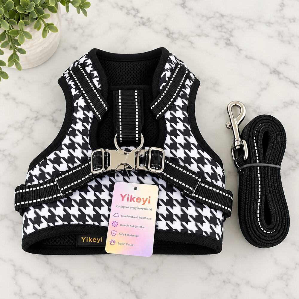 Yikeyi No Pull Dog Harness & Leash Set Large Black White Houndstooth New